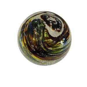 F Olivio hand blown glass art brown yellow blue green swirls
